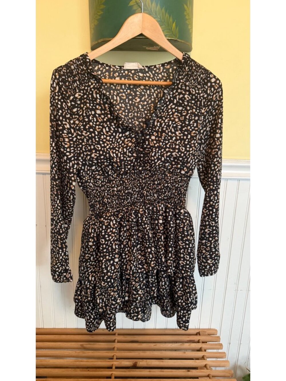 Altar'd State State Smocked Waist Long Sleeve Leopard Print Mini Dress
